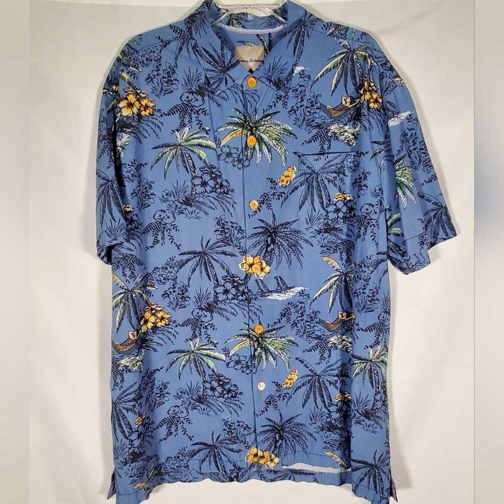 TOMMY BAHAMA 100% SILK ALOHA HAWAIIAN FLORAL PALM TREES BEACH BUTTON UP SHIRT